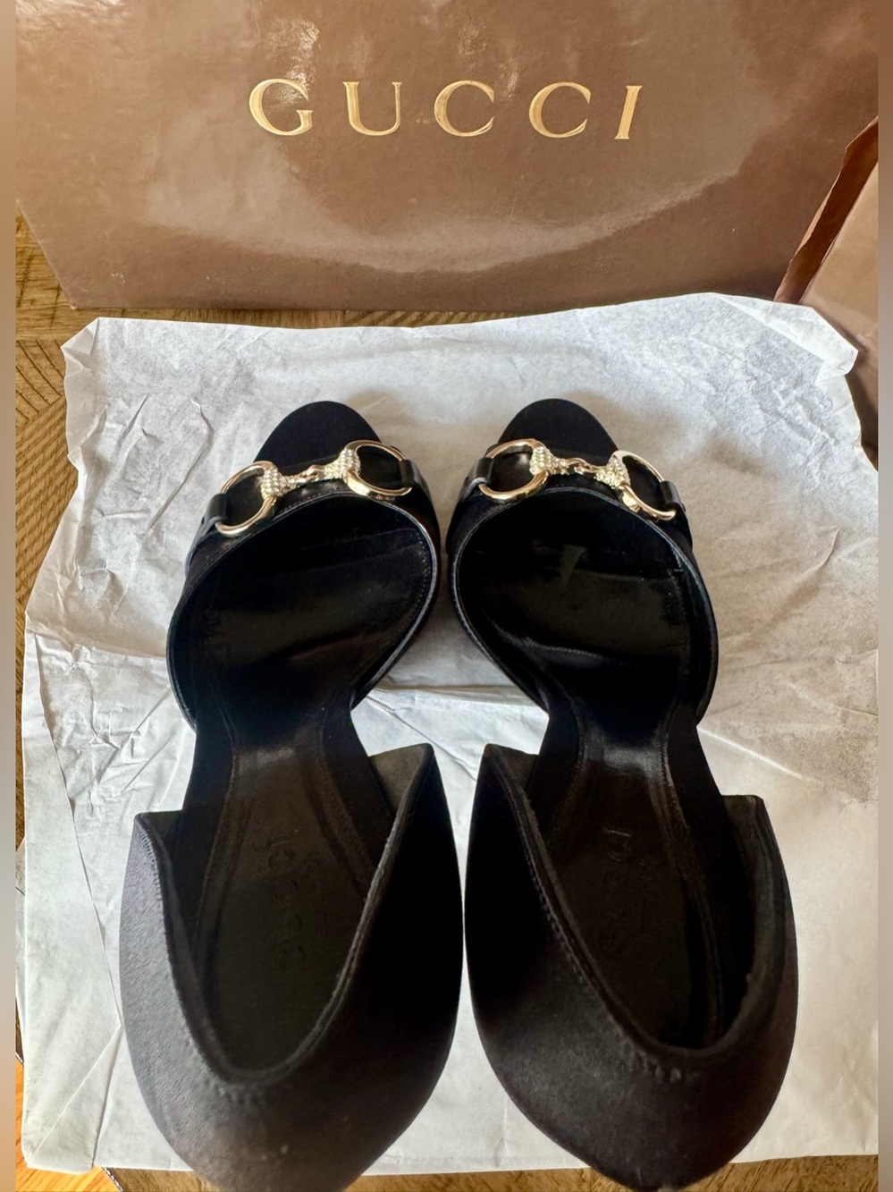 VINTAGE - Gucci Black Satin Crystal Horsebit D'Orsay Heels - size 6.5 - Picture 7 of 17